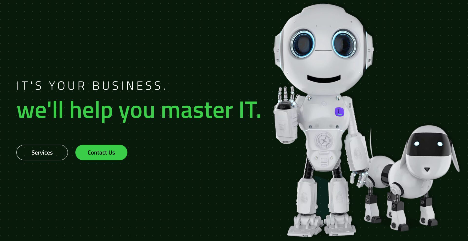 Website banner featuring a robot child and dog promoting a tech-themed experience.