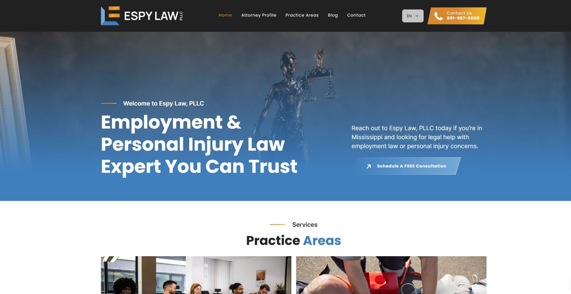 screenshot of the homepage of espylaw.com
