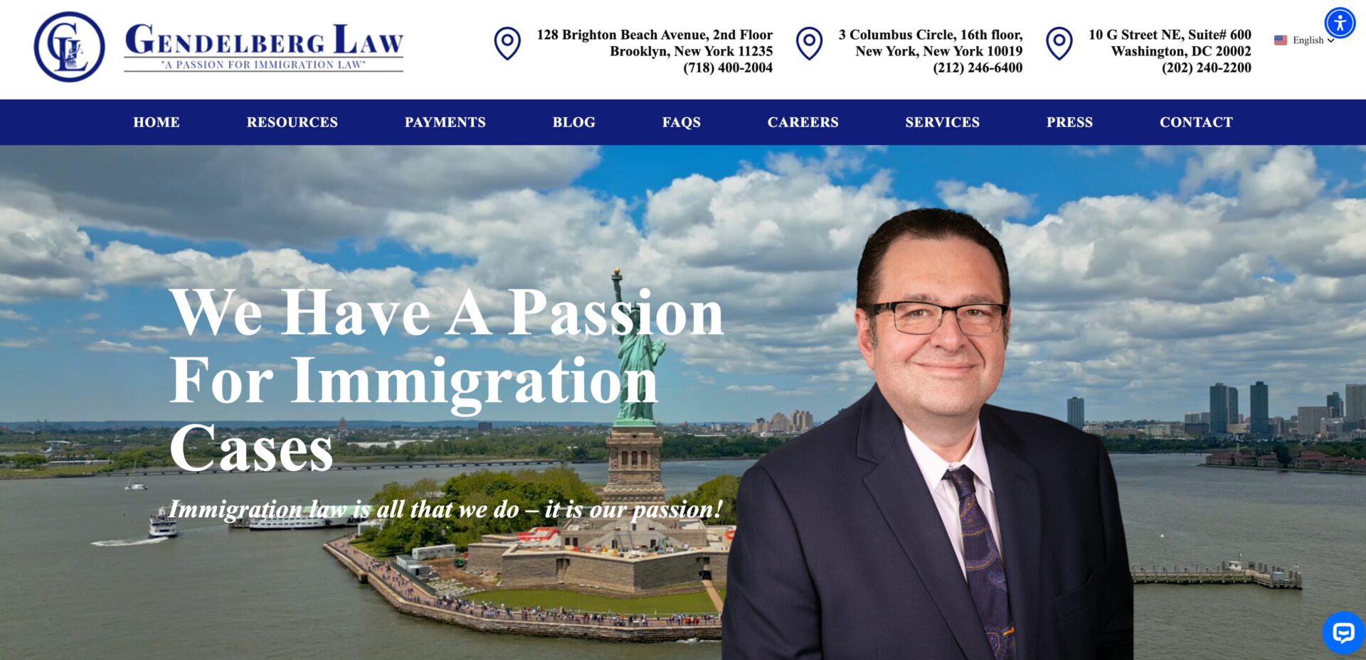 screenshot of the homepage of gendelberglaw.com
