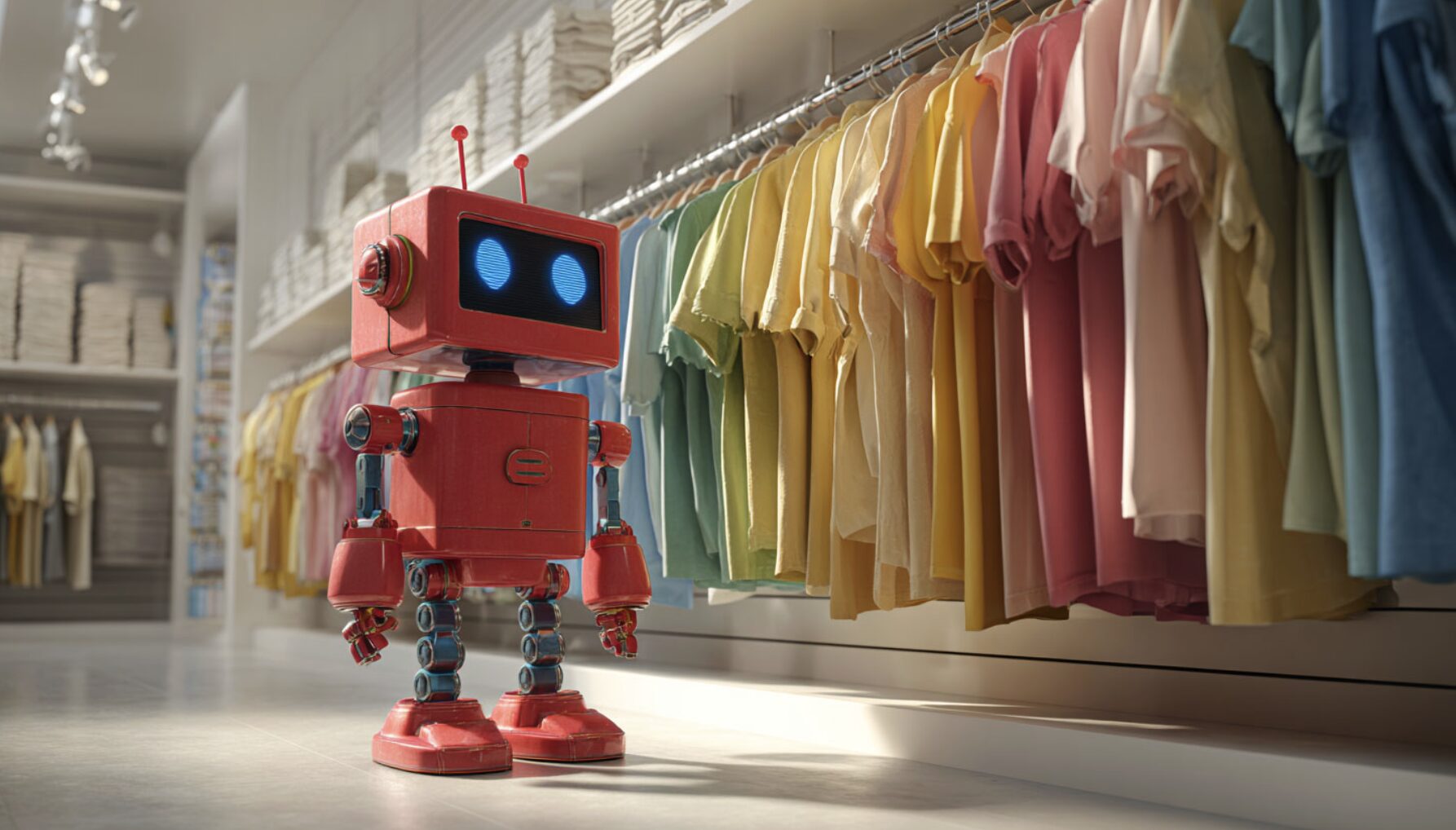animaged robot standing in front of a rack of clothing
